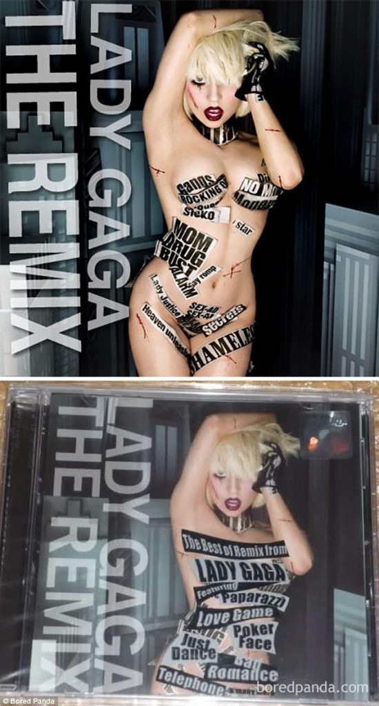 Σύγκριση του εξωφύλλου του άλμπουμ The Remix της Lady Gaga με την λογοκριμένη έκδοση στη Μέση Ανατολή.