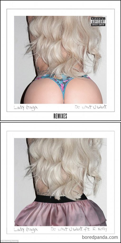 Σύγκριση του εξωφύλλου της Lady Gaga για το Do What U Want στην αρχική και την επεξεργασμένη εκδοχή.