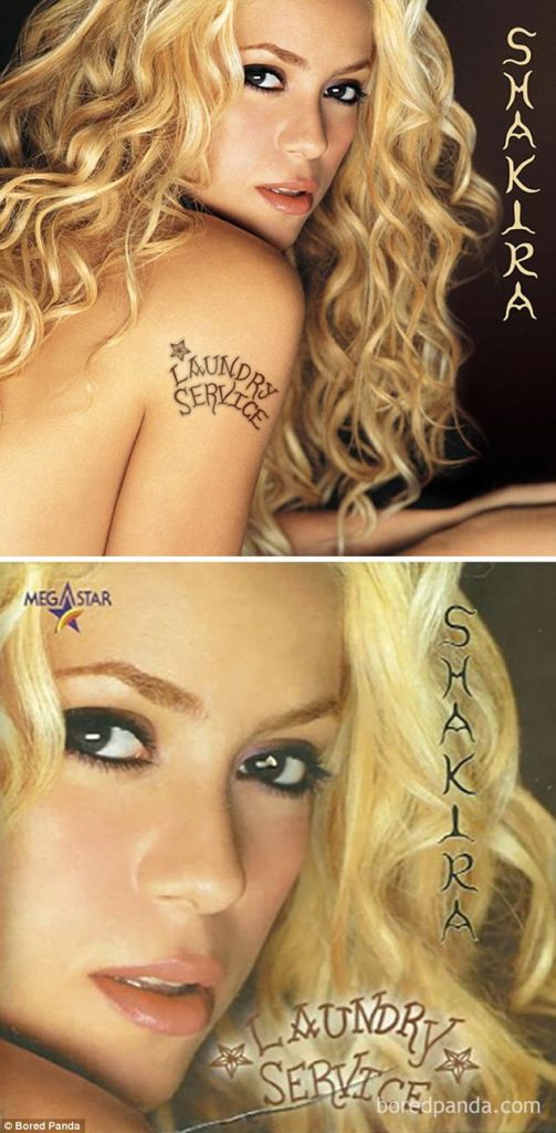 Σύγκριση του εξωφύλλου του άλμπουμ Laundry Service της Shakira στην αρχική και τη λογοκριμένη έκδοση.