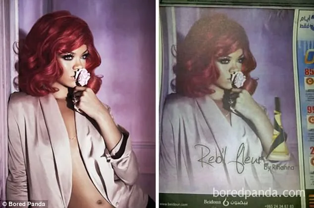 Σύγκριση της αυθεντικής διαφήμισης της Rihanna με την επεξεργασμένη έκδοση για τη Μέση Ανατολή.
