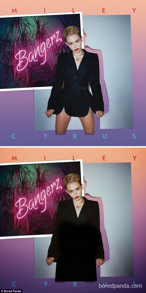 Σύγκριση του εξωφύλλου Bangerz της Miley Cyrus στην αυθεντική και τη λογοκριμένη έκδοση.