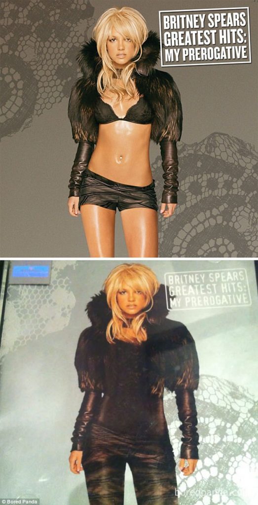 Σύγκριση του εξωφύλλου της Britney Spears για το Greatest Hits: My Prerogative στην αρχική και τη λογοκριμένη έκδοση.