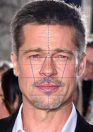 Κοντινό πλάνο του Brad Pitt με γεωμετρικές γραμμές ανάλυσης προσώπου.