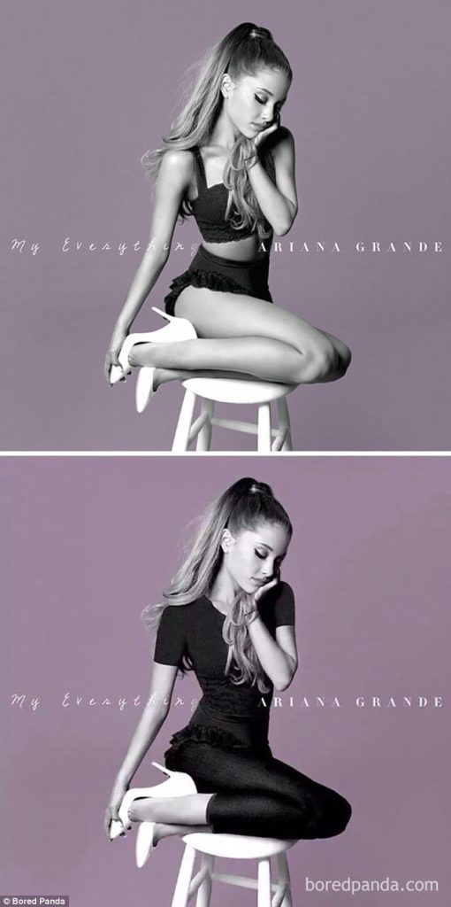 Σύγκριση του εξωφύλλου του άλμπουμ My Everything της Ariana Grande με την τροποποιημένη έκδοση για τη Μέση Ανατολή.