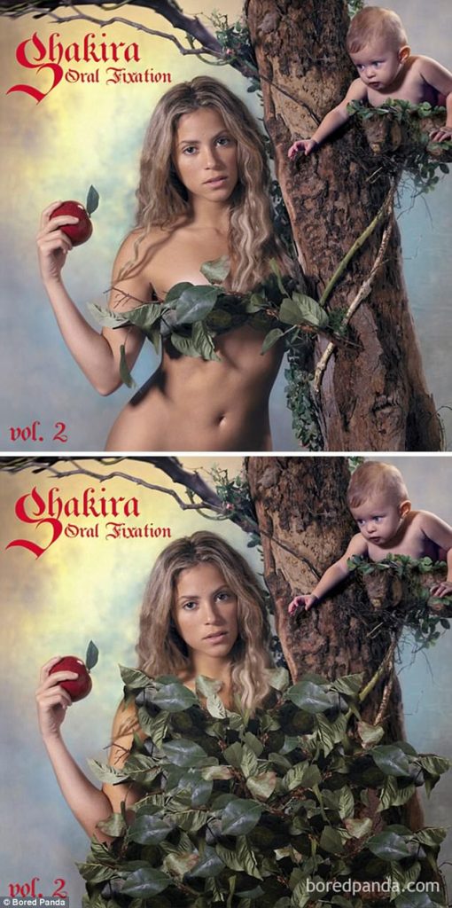 Σύγκριση του εξωφύλλου του άλμπουμ Oral Fixation Vol. 2 της Shakira με τη λογοκριμένη έκδοση.