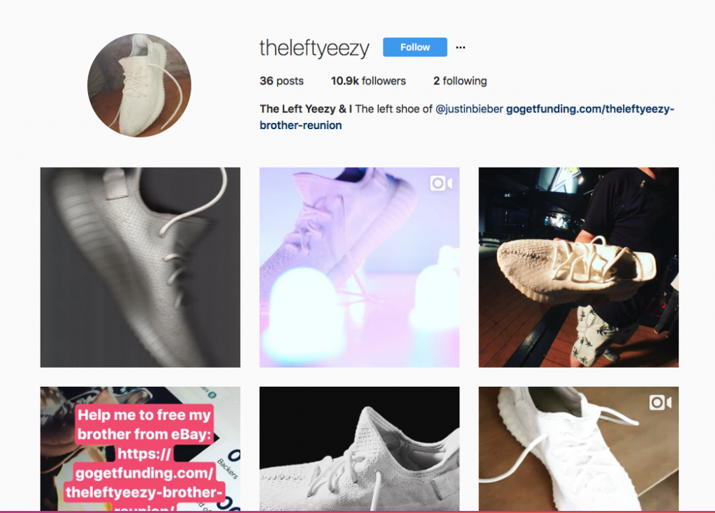 Στιγμιότυπο οθόνης από το προφίλ theleftyeezy στο Instagram με φωτογραφίες ενός λευκού αθλητικού παπουτσιού.