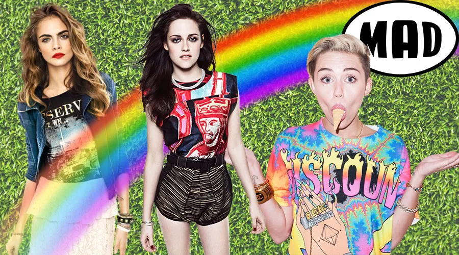 Cara Delevingne, Kristen Stewart και Miley Cyrus σε κολάζ με ουράνιο τόξο και το λογότυπο του MAD.