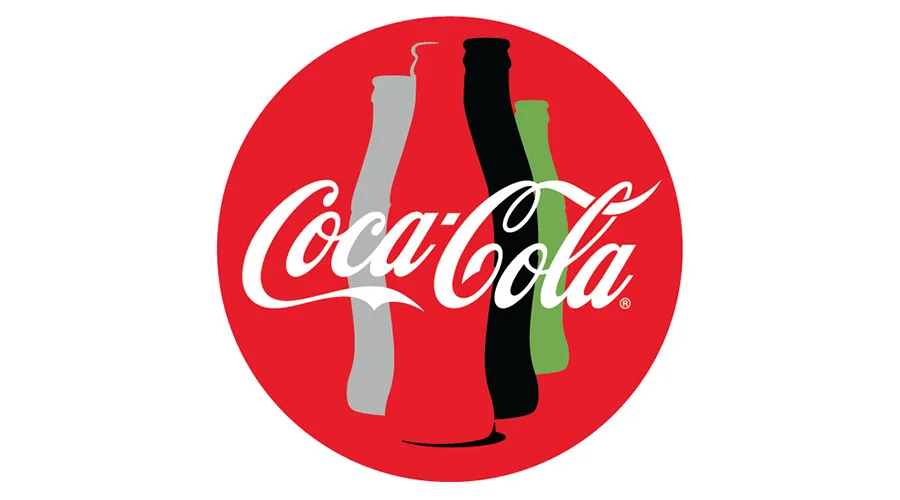 Το λογότυπο της Coca-Cola με σιλουέτες μπουκαλιών σε κόκκινο κύκλο.
