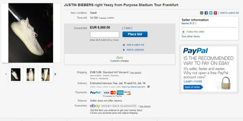 Στιγμιότυπο οθόνης από αγγελία στο eBay για το δεξί παπούτσι Yeezy του Justin Bieber.