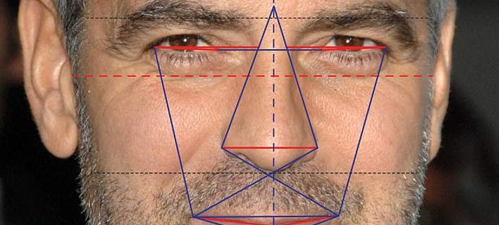 Κοντινό πλάνο του George Clooney με γεωμετρικές γραμμές ανάλυσης προσώπου.