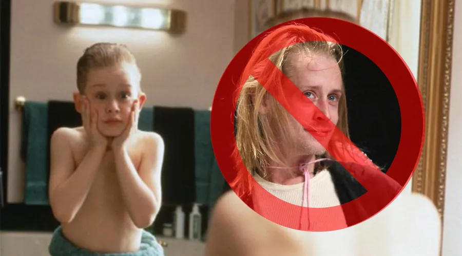 Ο Macaulay Culkin ως παιδί στην ταινία Home Alone και σε μεταγενέστερη ηλικία με απαγορευτικό σήμα.
