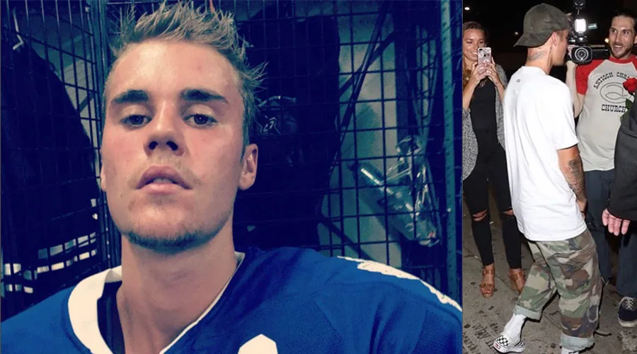 Κολάζ με τον Justin Bieber σε αποδυτήρια και σε εξωτερικό χώρο με παπαράτσι.