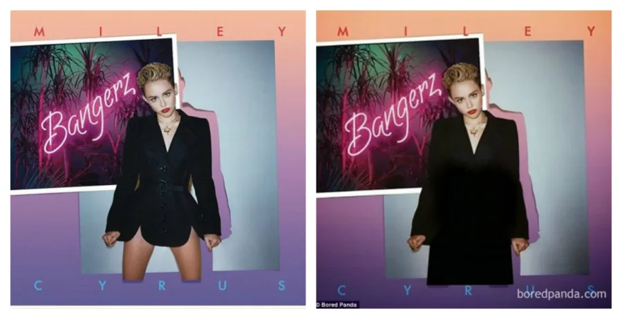 Το εξώφυλλο του άλμπουμ Bangerz της Miley Cyrus δίπλα στην τροποποιημένη έκδοση για τη Μέση Ανατολή.