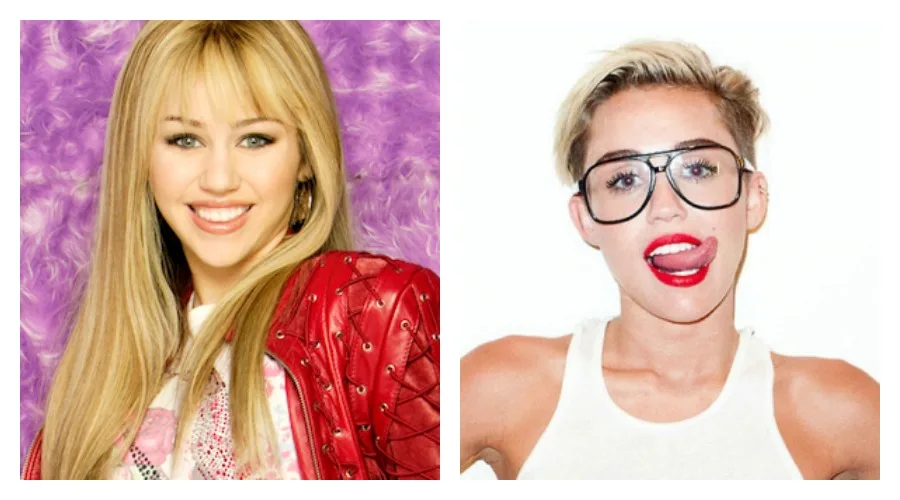 Κολάζ με δύο φωτογραφίες της Miley Cyrus από διαφορετικές περιόδους της καριέρας της.