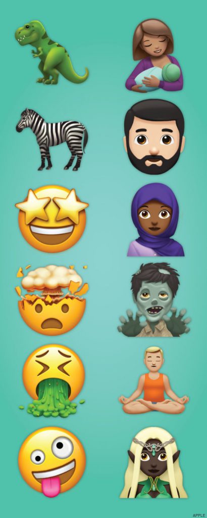 Δώδεκα νέα emoji της Apple σε δύο στήλες σε γαλάζιο φόντο.