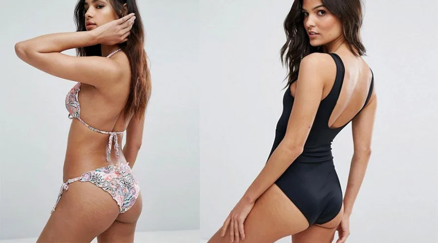 Δύο μοντέλα της ASOS ποζάρουν με μαγιό, δείχνοντας τις ραγάδες τους χωρίς ρετούς.
