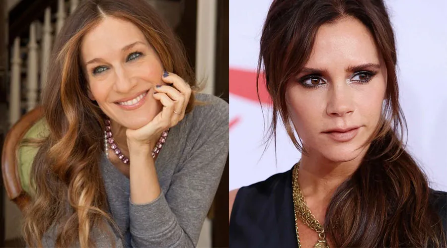 Η Sarah Jessica Parker και η Victoria Beckham σε κολάζ φωτογραφιών.
