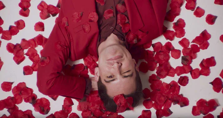 Ο Charlie Puth ξαπλωμένος ανάμεσα σε κόκκινα πέταλα τριαντάφυλλου.