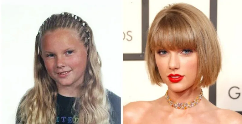 Κολάζ με την Taylor Swift σε παιδική ηλικία και σε πρόσφατη εμφάνιση.