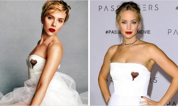 Δύο γυναίκες celebrities φορούν το ίδιο λευκό στράπλες φόρεμα με κεντημένη καρδιά.
