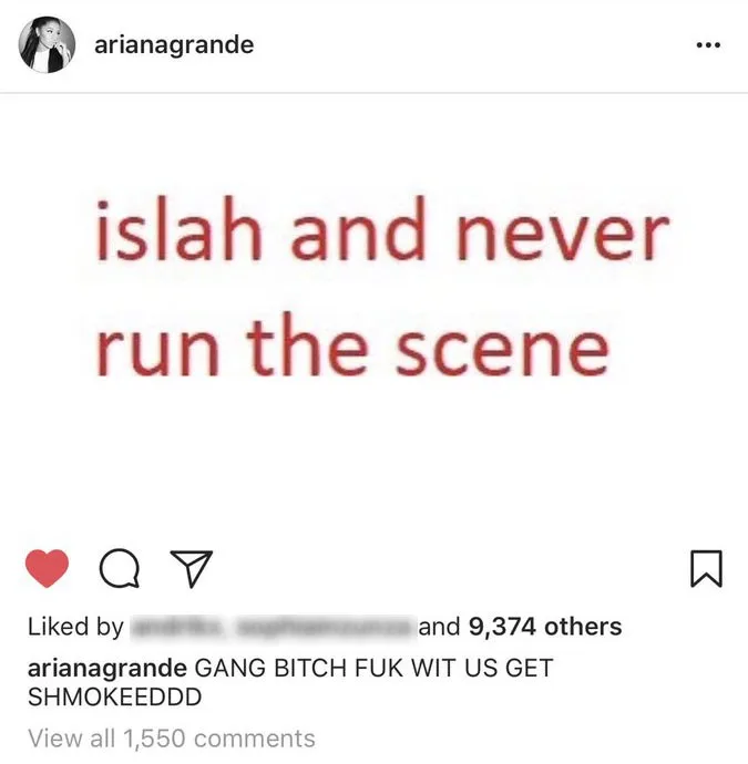 Στιγμιότυπο οθόνης από ανάρτηση στο Instagram της Ariana Grande με αλλόκοτο περιεχόμενο.