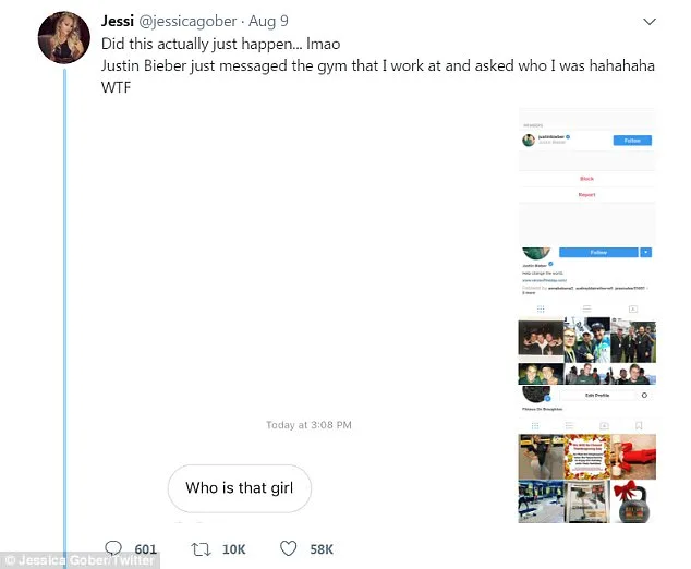 Στιγμιότυπο από το Twitter της Jessica Gober με μήνυμα από τον Justin Bieber.