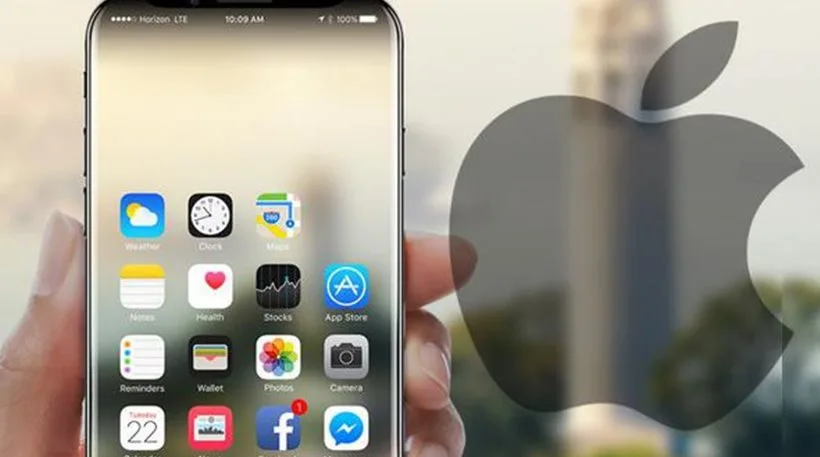 Ένα iPhone 8 με ανοιχτή την αρχική οθόνη και το λογότυπο της Apple στο φόντο.