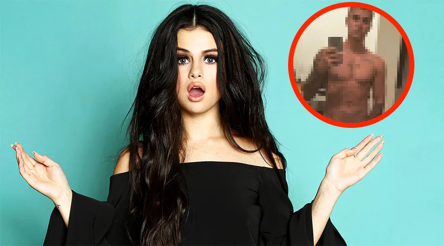 Η Selena Gomez με έκπληκτη έκφραση και μια θολή φωτογραφία του Justin Bieber σε κύκλο.