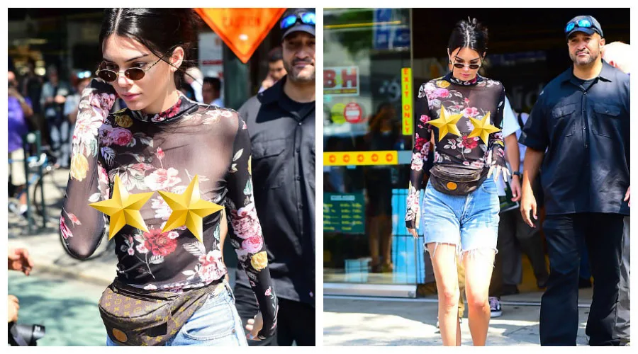 Η Kendall Jenner με σιθρού φλοράλ μπλούζα και τσαντάκι μέσης στη Νέα Υόρκη.