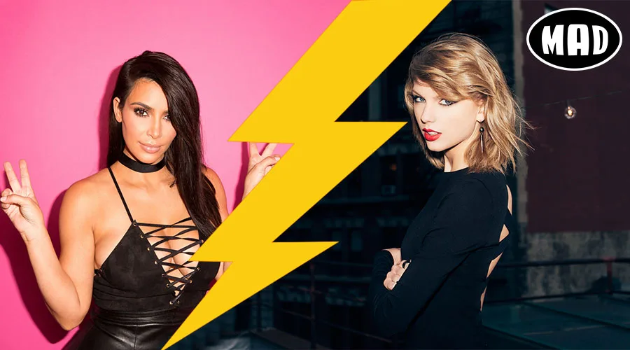 Η Kim Kardashian και η Taylor Swift σε κολάζ με έναν κίτρινο κεραυνό ανάμεσά τους.