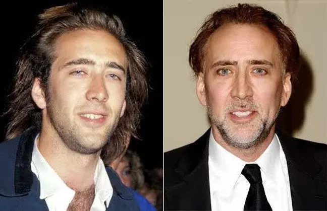 Κολάζ με δύο φωτογραφίες του Nicolas Cage σε διαφορετικές ηλικίες.
