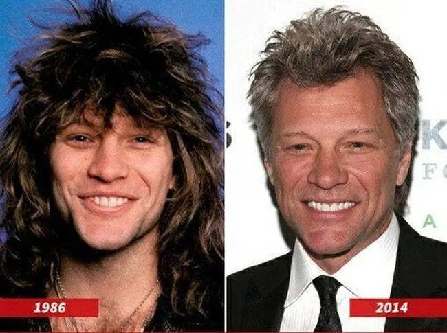 Κολάζ φωτογραφιών του Jon Bon Jovi από το 1986 και το 2014.