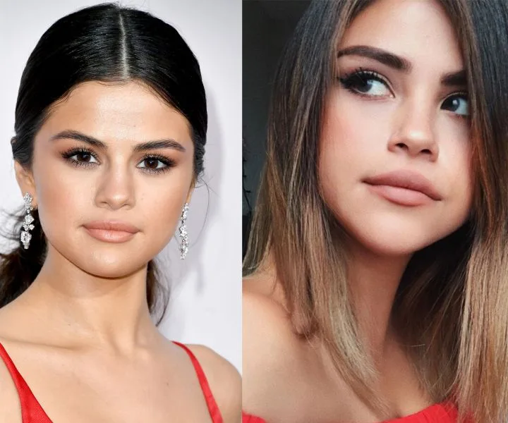 Η Selena Gomez και η σωσίας της Sofia Solares σε κολλάζ φωτογραφιών.