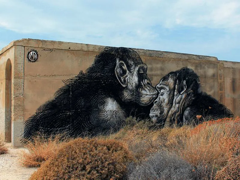 Graffiti με δύο γορίλες σε τοίχο εγκαταλελειμμένου κτηρίου στη Νάξο.