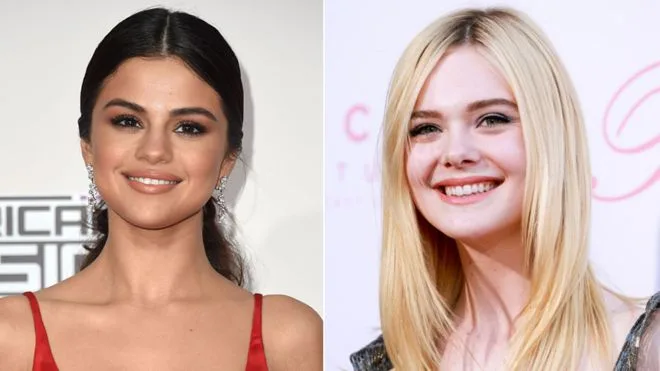 Η Selena Gomez και η Elle Fanning σε κολλάζ φωτογραφιών.