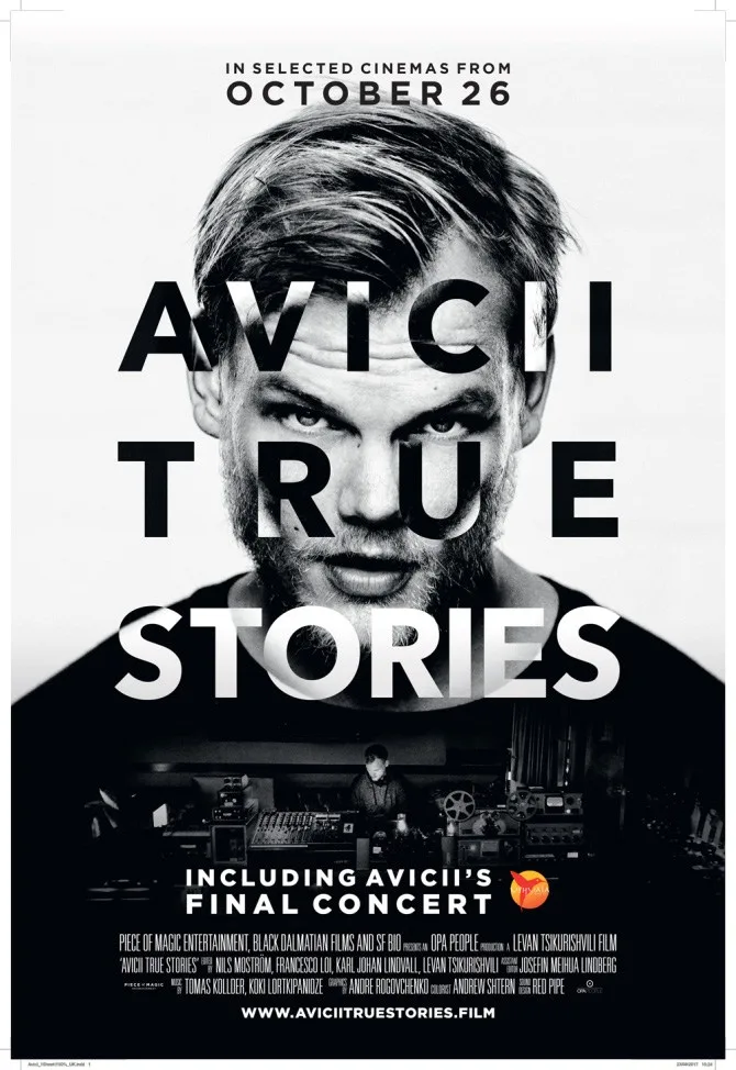 Αφίσα του ντοκιμαντέρ Avicii: True Stories με το πρόσωπο του καλλιτέχνη.