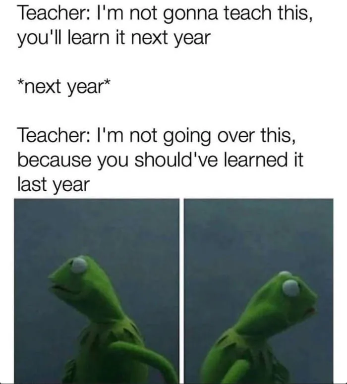 Meme με τον Kermit τον βάτραχο και κείμενο για δασκάλους και σχολείο.