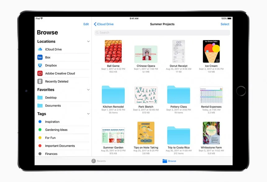 Διεπαφή της εφαρμογής Files σε iPad με το λειτουργικό σύστημα iOS 11.