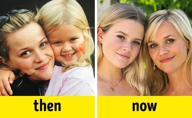 Κολάζ με φωτογραφίες 'τότε' και 'τώρα' της Reese Witherspoon και της κόρης της Ava Phillippe.