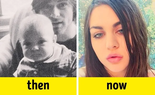 Κολάζ με φωτογραφίες 'τότε' και 'τώρα' της Frances Bean Cobain με τον πατέρα της Kurt Cobain.