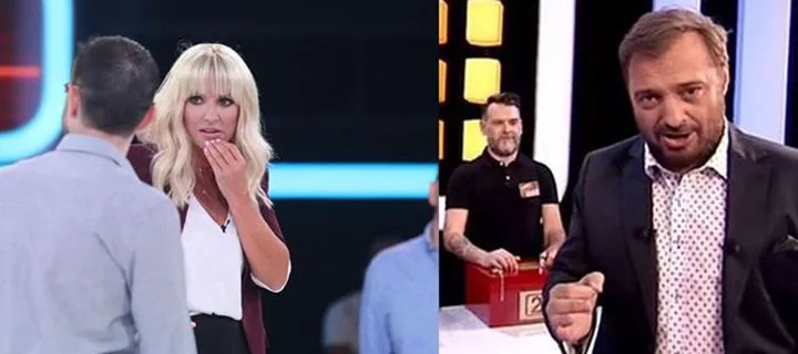 Κολάζ με τη Μαρία Μπεκατώρου και τον Χρήστο Φερεντίνο στα πλατό των τηλεπαιχνιδιών τους.
