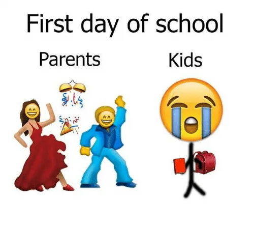 Meme για την πρώτη μέρα στο σχολείο με emojis που δείχνουν τη χαρά των γονιών και τη λύπη των παιδιών.