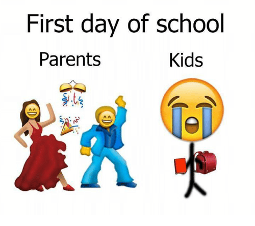 Meme για την πρώτη μέρα στο σχολείο με emojis που δείχνουν τη χαρά των γονιών και τη λύπη των παιδιών.