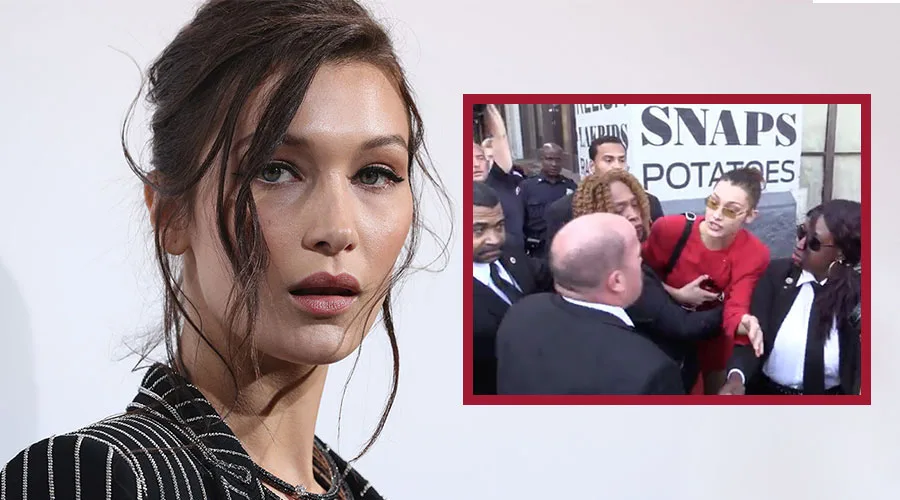 Η Bella Hadid σε κοντινό πλάνο και στιγμιότυπο από ένταση με σωματοφύλακα.