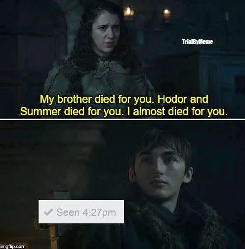 Meme από το Game of Thrones με τη Meera Reed και τον Bran Stark.