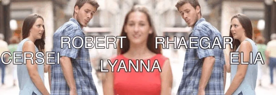 Meme με χαρακτήρες από το Game of Thrones βασισμένο στο 'distracted boyfriend'.