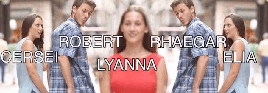 Meme με χαρακτήρες από το Game of Thrones βασισμένο στο 'distracted boyfriend'.