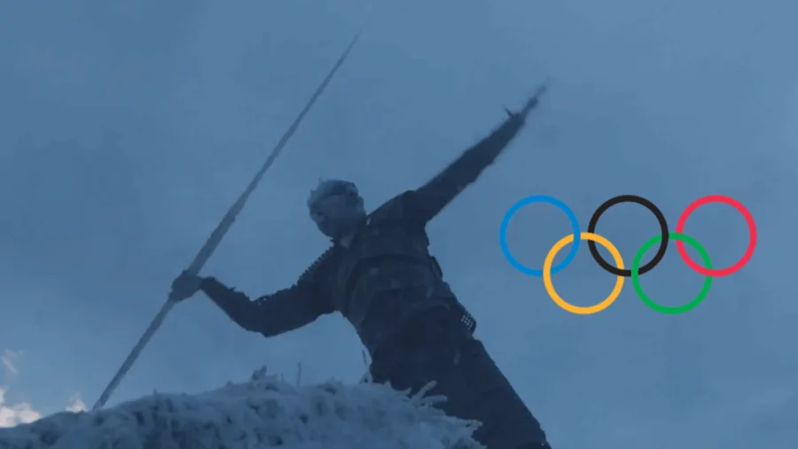 Ο Night King από το Game of Thrones σε στάση ρίψης ακοντίου δίπλα στο σύμβολο των Ολυμπιακών Αγώνων.