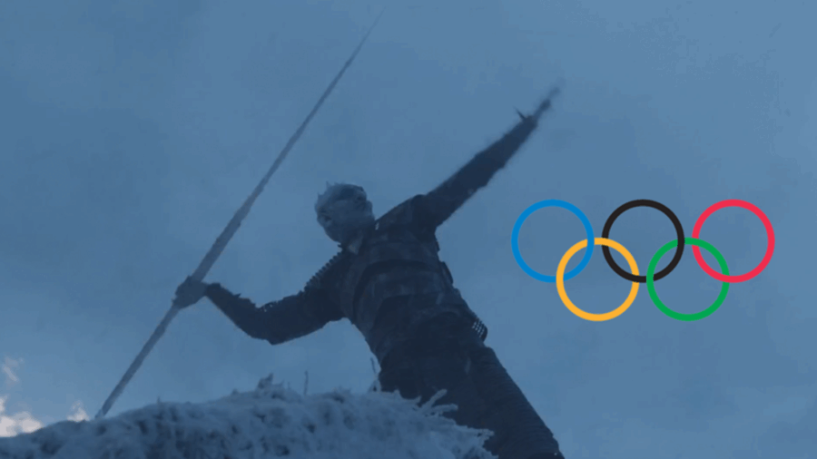 Ο Night King από το Game of Thrones σε στάση ρίψης ακοντίου δίπλα στο σύμβολο των Ολυμπιακών Αγώνων.