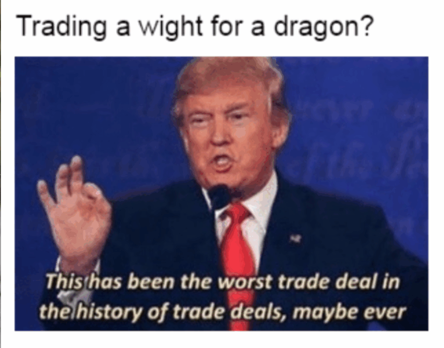 Meme με τον Donald Trump και κείμενο για το Game of Thrones.